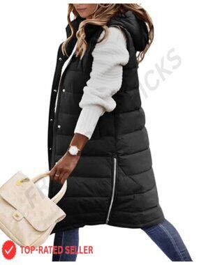 Long Quilted Puffer Vest Hooded Sleeveless Winter Jacket